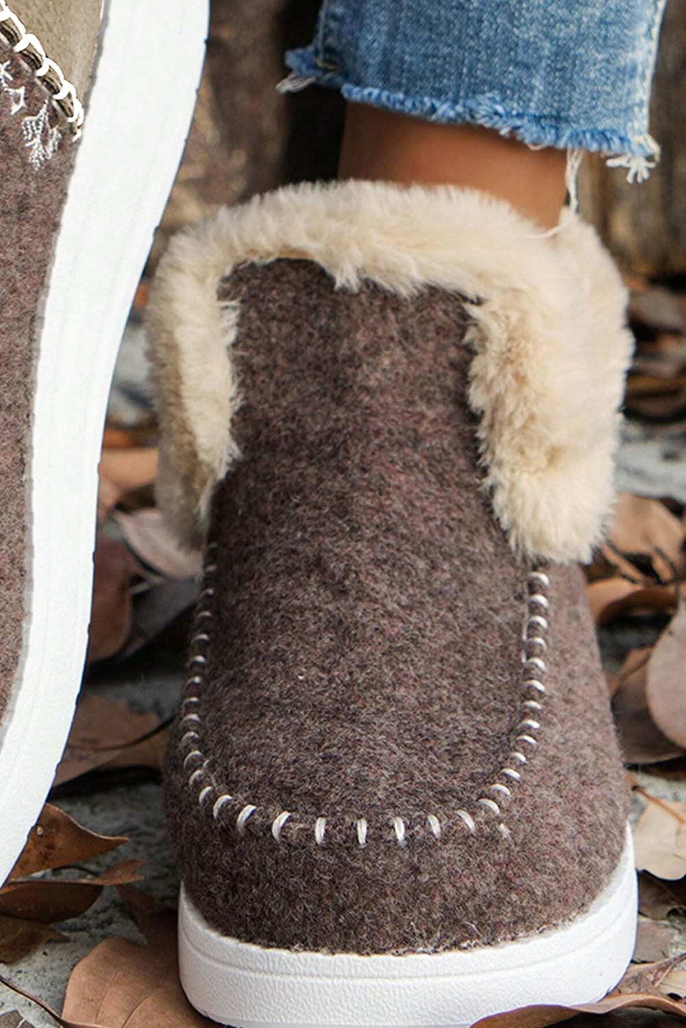 Coffee Suede Stitching Patchwork Plush Lined Anklet Boots - Image 4