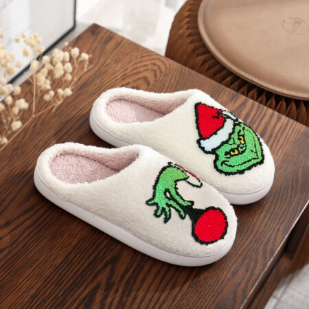 Christmas Green Fur Christmas Hat Slippers Men and Women Home Winter Fur Slippers