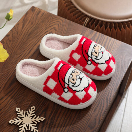 Christmas Red Check Santa Claus Pattern Unisex Home Winter Fur Slippers